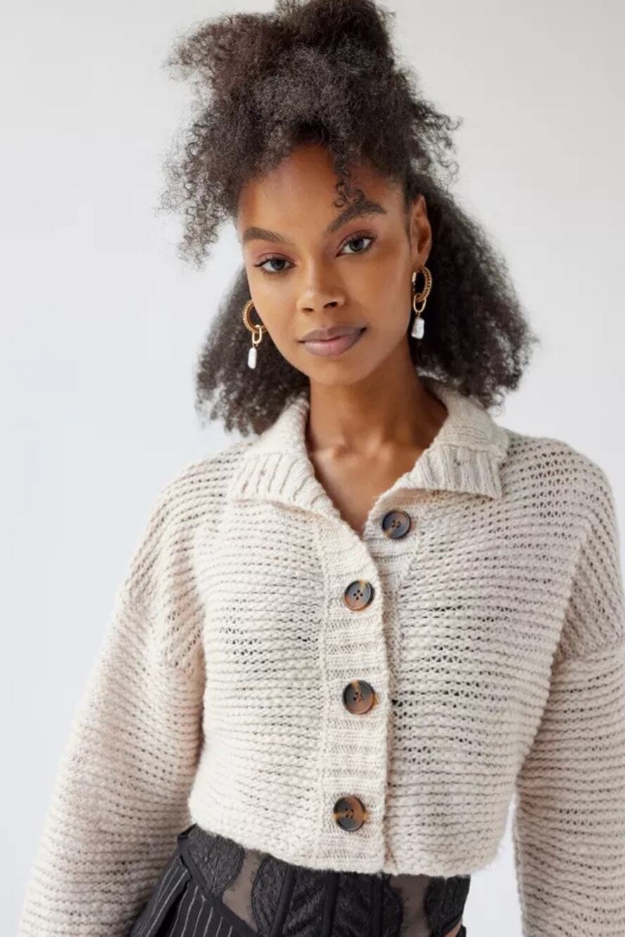 UO BDG McKinley Collared Cardigan Sweater Small Cream Cropped Button Up